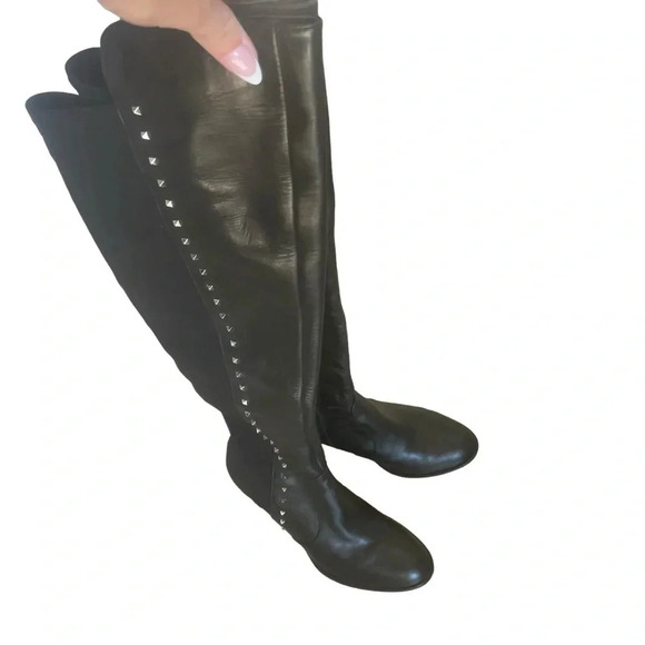 Marc Fischer Lapsure Black Leather Textile Studded Over Knee Boots Size 6 - Picture 1 of 11